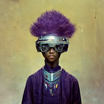 Teenage Quester with purple cape and robot helmet